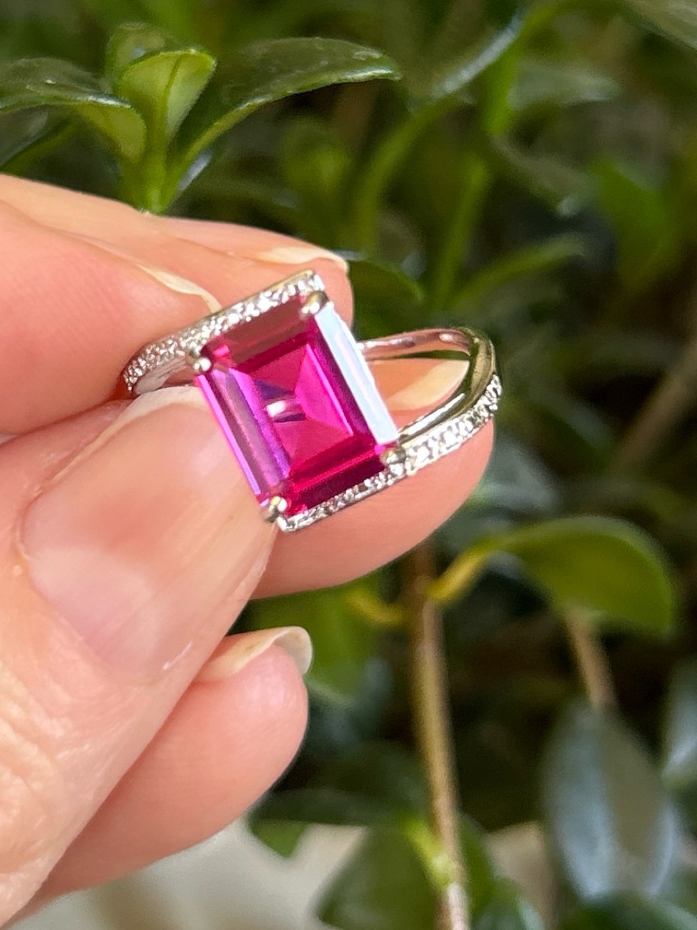NOS Sterling Silver Ring with Natural Pink Sapphire and Natural Diamond Accents